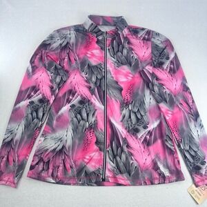 SofiBella Women's Athletic Zip-Up Jacket – Pink & Gray Feather Print Size 2XL